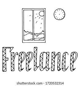 vector illustration, doodle style drawing in black, freelance, window, clock