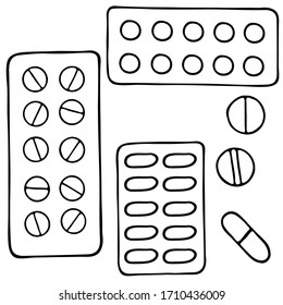 ilustración vectorial, dibujos de estilo doodle, imagen lineal en negro, píldoras médicas, medicina, aislar sobre fondo blanco