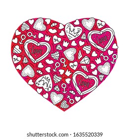 Vector illustration in doodle style. Drawn hearts and gender symbols of man and woman. Black and white image on a watercolor background.