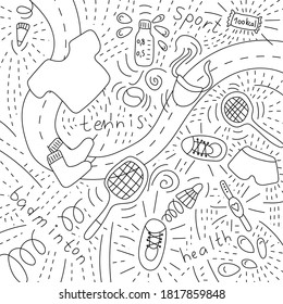 Vector illustration in doodle style drawn by hand. Sports theme.