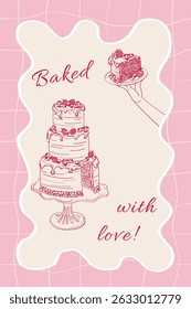 Vector illustration in doodle style. Illustration of elegant wedding cake with caption Baking with love. Poster sketch in dolce vita style. Vector illustration