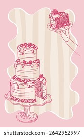Ilustração vetorial em estilo de rabiscar. Ilustração de bolo de casamento elegante no fundo listrado. Esboço de pôster estilo Dolce vita.