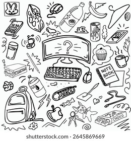 Ilustración vectorial en estilo doodle de objetos cotidianos de estudiantes o escolares, aislados sobre un fondo blanco