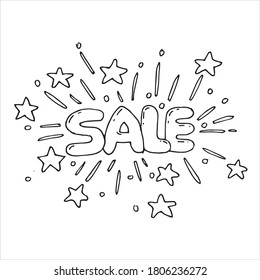 
ilustración vectorial en estilo doodle. fuegos artificiales, saludos, kanfiti y estrellas alrededor de la venta de inscripciones. venta de palabras. logotipo de dibujo manual simple.