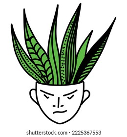 ilustración vectorial en el estilo doodle, un maceta floral en forma de cabeza humana con planta.