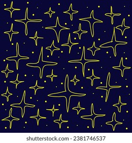 Vector illustration in doodle style in the form of drawn
hand-painted gold stars on a blue background