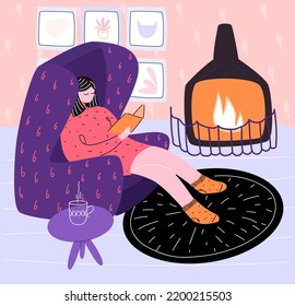 Vector illustration in doodle style with a girl resting and reading a book at home. The concept of Danish hygge, autumn mood craving for coziness and home comfort.