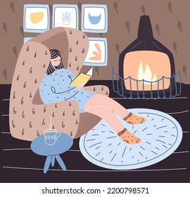 Vector illustration in doodle style with a girl resting and reading a book at home. The concept of Danish hygge, autumn mood craving for coziness and home comfort.