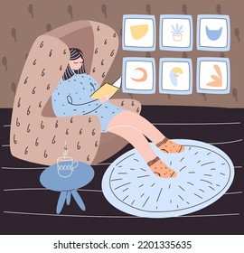 Vector illustration in doodle style with a girl resting and reading a book at home. The concept of Danish hygge, autumn mood craving for coziness and home comfort.