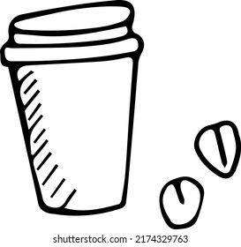 Vector illustration in doodle style. Glass of coffee with grains. hand drawn sketch