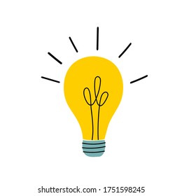 Vector illustration in doodle style of glowing yellow light bulb. Creativity bright ideas inspiration genius concept. Symbolic metaphor for business arts education