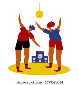 Vector illustration in doodle style hand drawn sketch. A man and a woman are dancing to the music, a speaker is working. Isolated.