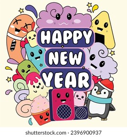 Vector illustration doodle style happy new year with cartoons template