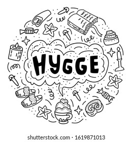 Vector illustration in doodle style with Hygge lettering and painted things that create coziness. For poster, postcard, print on fabric.