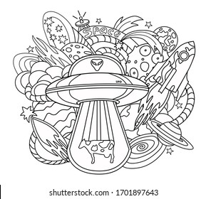 Vector illustration in the Doodle style with the image of space elements. Coloring book. Linear art, detailed, with a large number of background objects. All objects are separated.