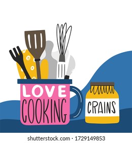 Ilustración vectorial en estilo Doodle: herramientas de cocina y letras