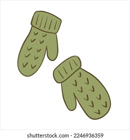 Vector illustration in doodle style. Knitted warm winter mittens with patterns