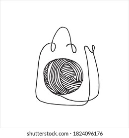 ilustración vectorial en forma de doodle, pelota de hilo de punto en una bolsa de compra. logotipo minimalista de tejido moderno, crocheting, costura. compra hilo, venta, tienda hecha a mano.