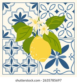 Vector illustration in doodle style. Lemon branch with flowers on a background of Mediterranean blue and white tiles. Summer Italian illustration. Sketch of a poster in dolce vita style