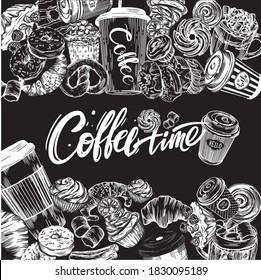 Vector illustration. Doodle style, line style. Postcards with coffee and pastries. Illustrations of coffee, donuts, cookies. Cover for the coffee shop menu.