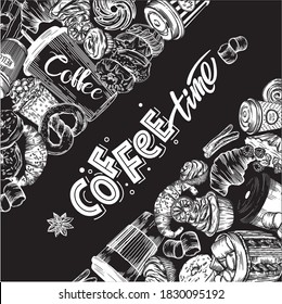 Ilustración vectorial. Estilo Doodle, estilo de línea. Postales con café y bollería. Ilustraciones de café, donuts, galletas. Cubra el menú de la cafetería.