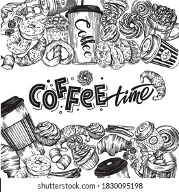 Vector illustration. Doodle style, line style. Postcards with coffee and pastries. Illustrations of coffee, donuts, cookies. Cover for the coffee shop menu.
