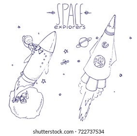Vector illustration in doodle style of a little girl and boy in rockets flying into space. Sketch design for children. Simple picture for coloring on white background.