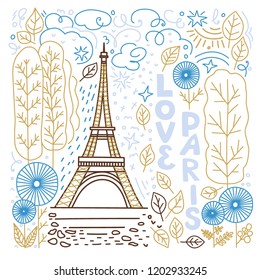 vector illustration in doodle style,  love Paris, the Eiffel Tower, a white background, multi-colored
