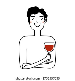 Vector Illustration With Doodle Style Man With Glass Of Red Wine. Funny Wall Decoration Poster, Apparel Print Design