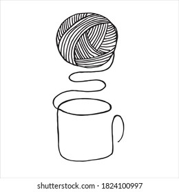 
vector illustration in doodle style. minimalistic knitting logo. a ball of yarn and a mug with a hot drink. symbol of autumn, winter, cozy crochet, knitting. hand made logo, needlework.