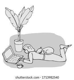 vector illustration in doodle style, in monochrome colors, work from home, freelance, home office, isolate on a white background