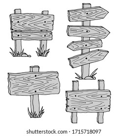vector illustration, in doodle style in monochrome, set, wooden plate, signboard, pointer, isolate on a white background