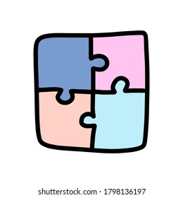 Vector illustration in the Doodle style. Multi-colored puzzle consisting of four pieces. Symbol for working together on a project. Teamwork. Icon for the game. Working on projects in a group.
