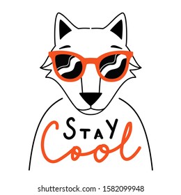 Vector illustration with doodle style outline fox in red sunglasses and lettering phrase Stay Cool. Funny typography poster with animal, apparel print design