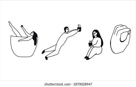 Vector illustration - doodle style people with coffee: a woman sits in a cup of coffee, a man flies with a cup.