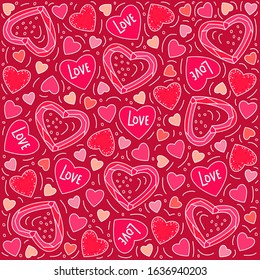 Vector illustration in doodle style. Pink heart pattern on a red background. For congratulations, for postcards, for printing, for a loved one.