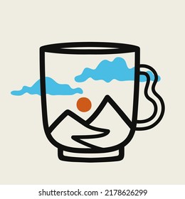 Vector illustration with doodle style print design with coffee cup, mountains, blue clouds and red sun. Trendy poster, sticker template with nature landscape 