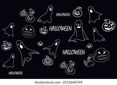 Vektorgrafik im Doodle-Stil. Kürbis. Geister. Halloween. Kann für Postkarte, Buch, Website verwendet werden.