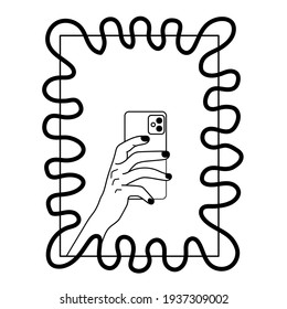 Vector illustration in doodle style. Reflection of the phone in the mirror. 