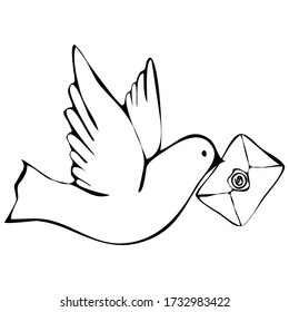 vector illustration in doodle style, retro sms, bird carrying a letter, tattoo, isolate on a white background