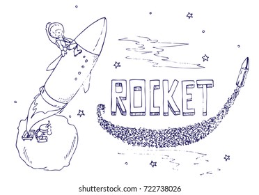 Vector illustration in doodle style of a rocket with a boy flying from the moon into space. Sketch design for children. Simple picture for coloring on white background.