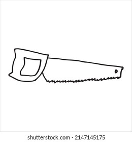 vector illustration in doodle style. saw. construction tools, work with hands.