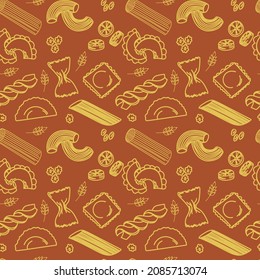 Vector illustration in doodle style. Seamless pattern of different kinds of pasta. 