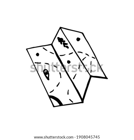 Vector illustration in doodle style of simple paper folded map with destination point and route. Icon for camping, hiking, local tourism,  web, stickers, travel blog, logo, stationery, flyers, prints