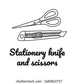 Vector illustration in doodle style with  stationery knife and scissors. Hand drawn art and craft supplies. 