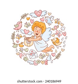 Vector illustration in doodle style for Valentine's Day. Cupid, birds, hearts and other elements.