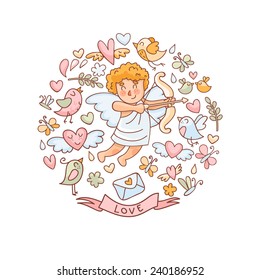 Vector illustration in doodle style for Valentine's Day. Cupid, birds, hearts and other elements.