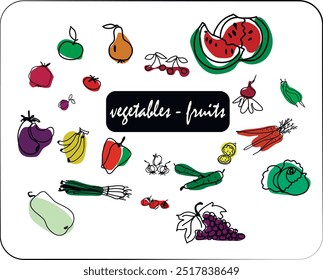Vektorgrafik im Doodle-Stil. Gemüse und Obst. Kann für Postkarte, Papier, Buch, Website verwendet werden.