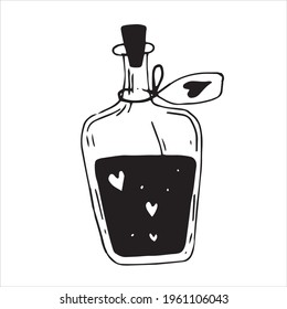 vector illustration in doodle style. vintage drink bottle with hearts. simple line drawing symbol of mysticism, magic, esotericism, witchcraft. love