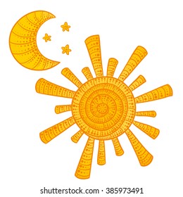 Vector illustration of doodle sun and moon with stars on a white background 